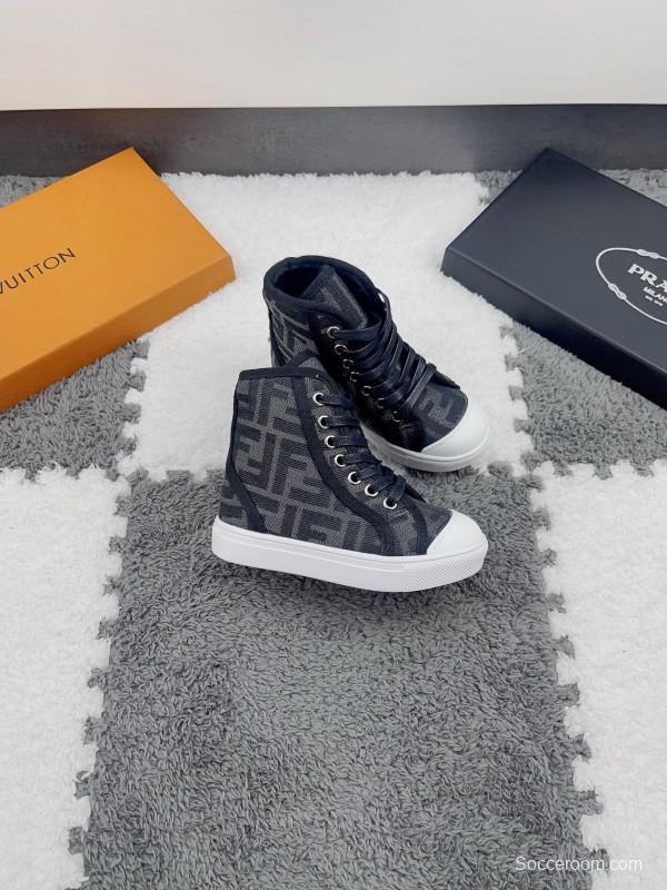2024 Kids Fendi Brown Black Canvas High Top Sneakers