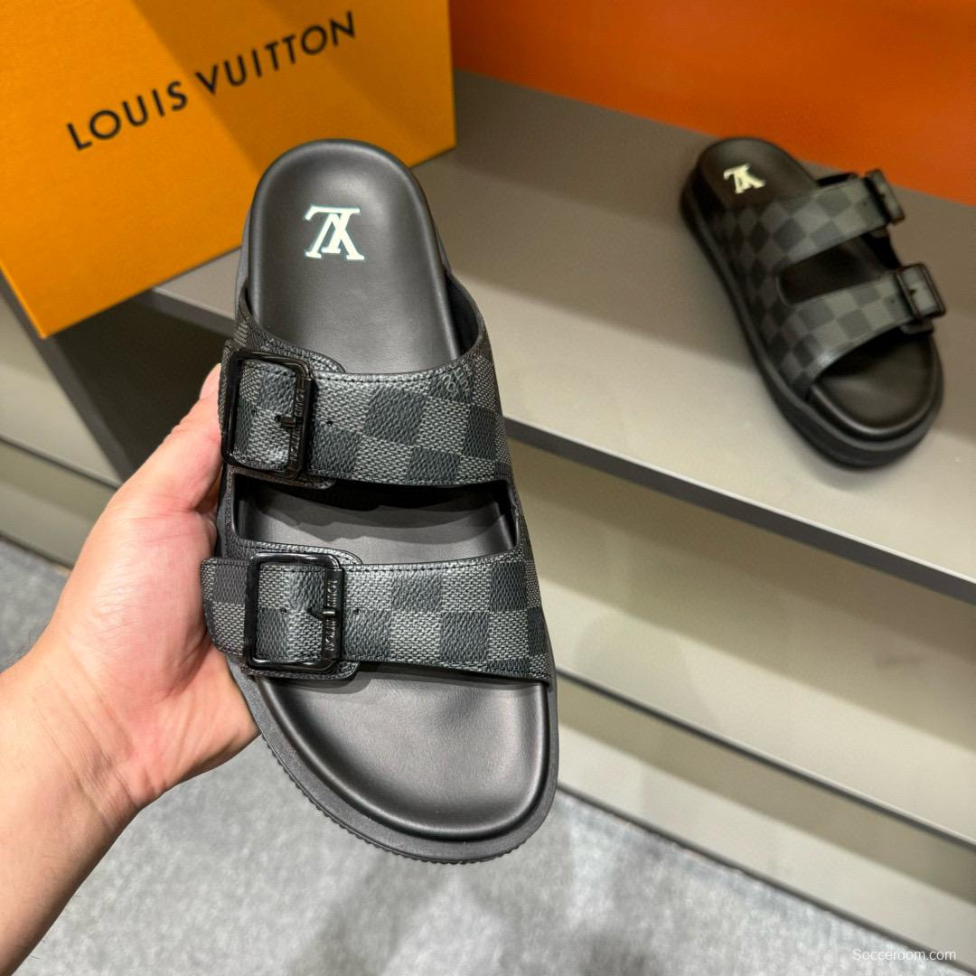 2024 Slippers Louis Vuitton Grey Black Leather Slippers