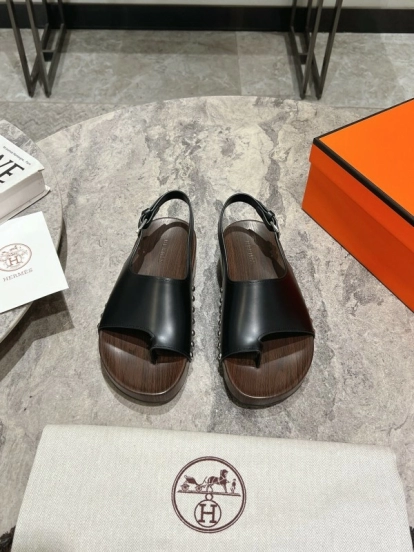 2025 Women Hermès Black Leather Sandals