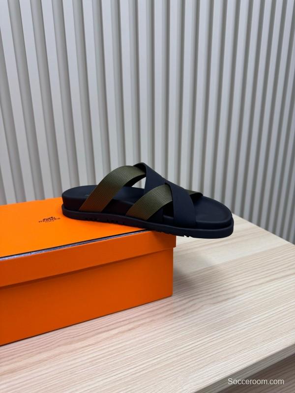 2025 Men Hermès Black Green Fabric Leather Slippers
