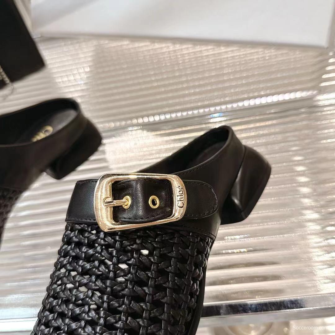 2025 Women Chloé Black Leather Woven Slippers