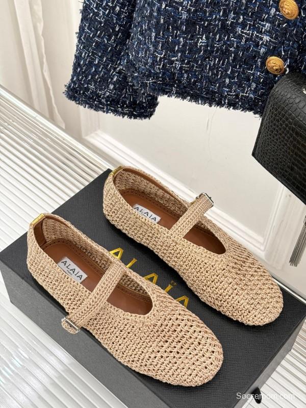 2025 Women AlAIA Beige Woven Leather Mary Jane Shoes