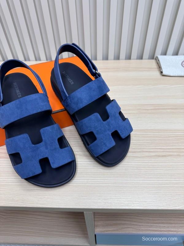 2025 Women Hermès Navy Suede Leather Sandals