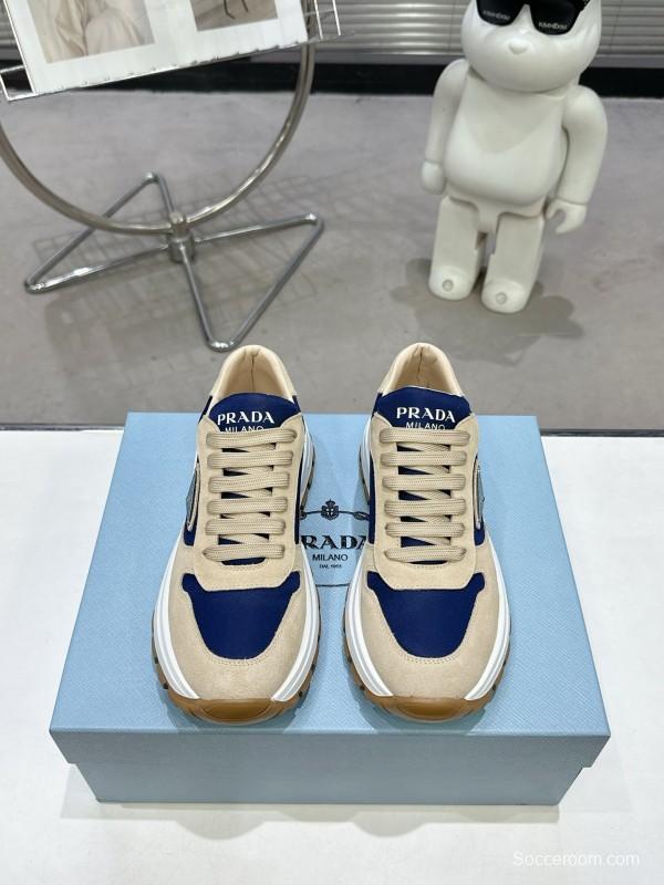 2025 Unisex Prada Blue Beige Suede Leather Sneakers KFY00310