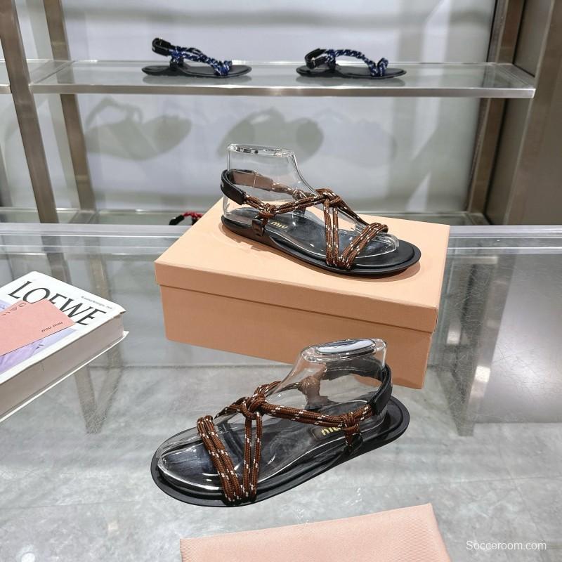 2025 Women Miu Miu Brown Rope Leather Sandals
