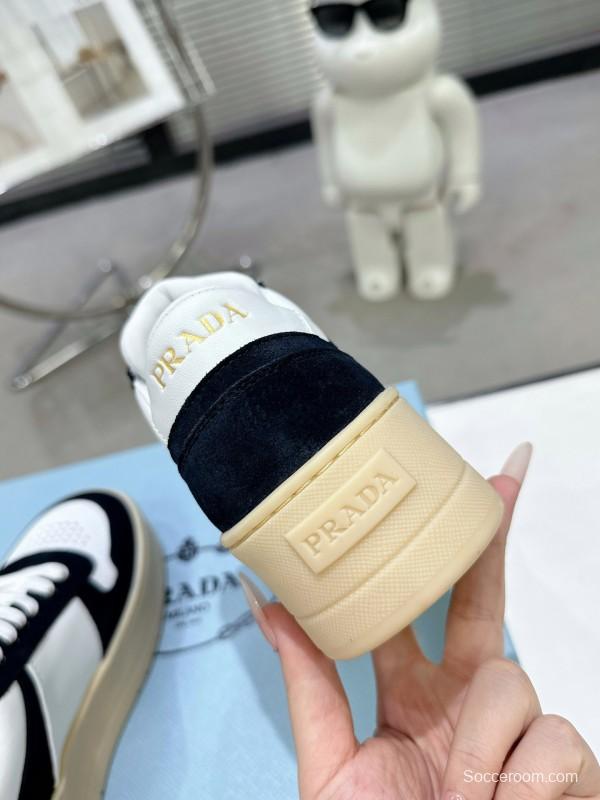 2025 Women Prada Black White Leather Suede Sneakers Downtown Bold KFY00310