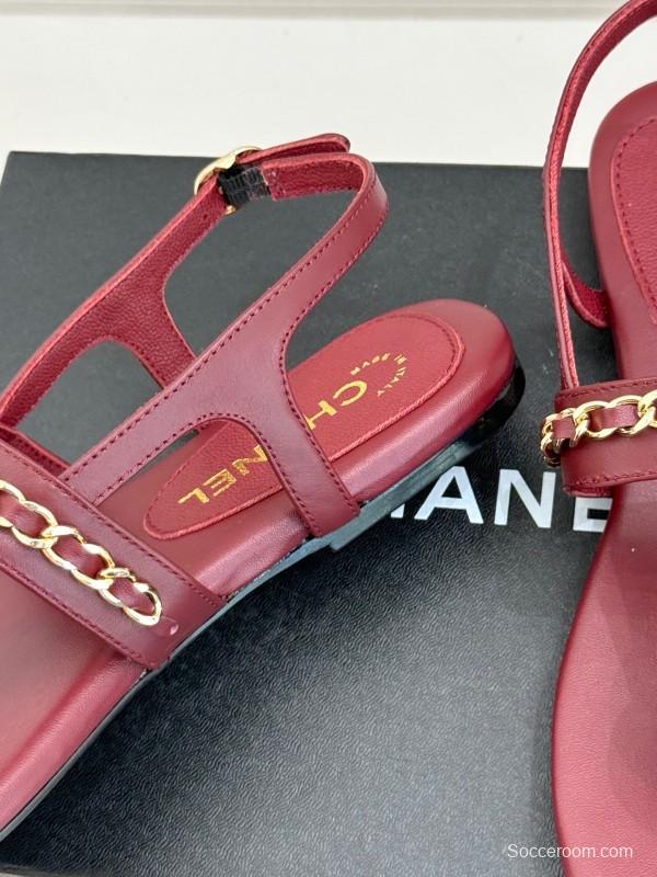 2025 Women Chanel Red Leather Sandals Chain Decoration