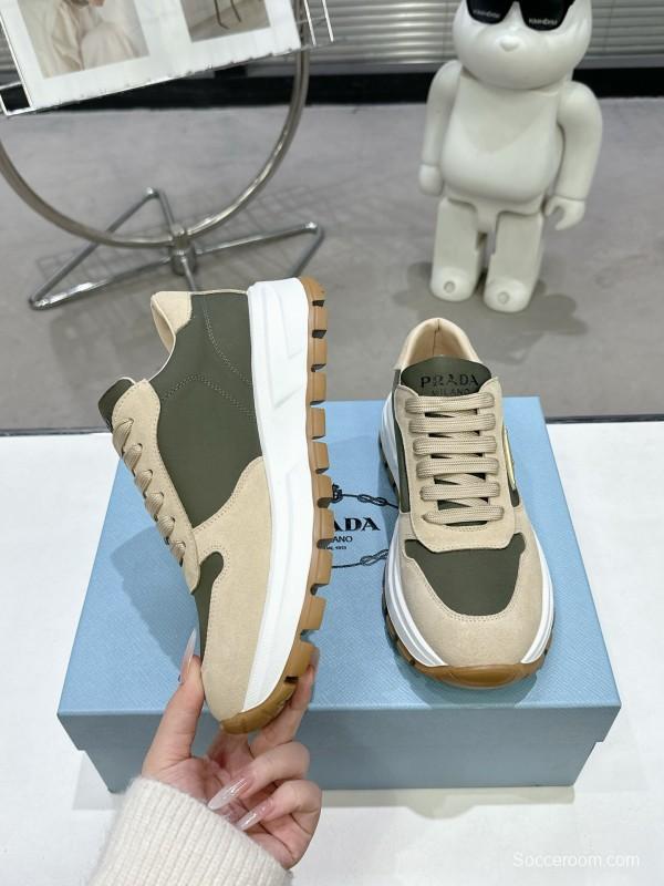 2025 Women Prada Beige Green Nubuck Leather Sneakers KFY00310