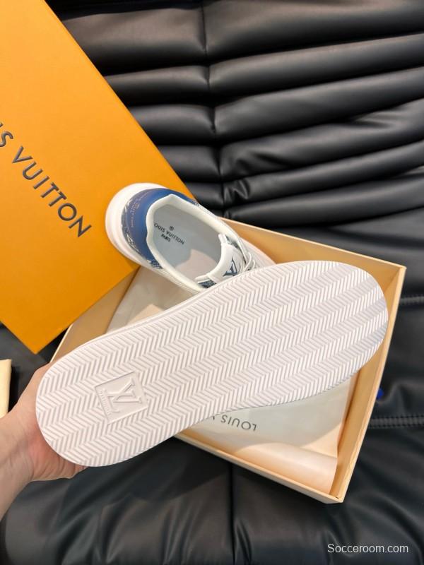 2024 Men Louis Vuitton White Blue Mesh Leather Sneakers MJ00400