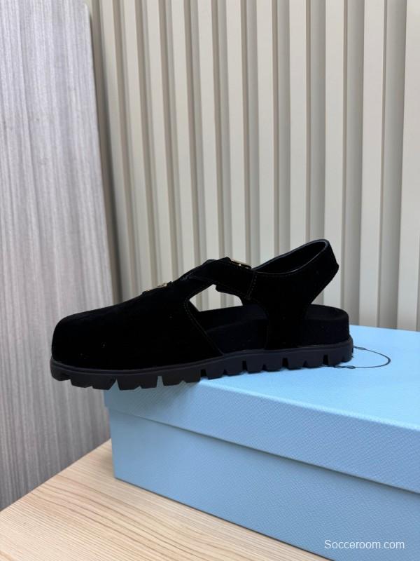 2025 Women Prada Black Suede Sandals LY00280