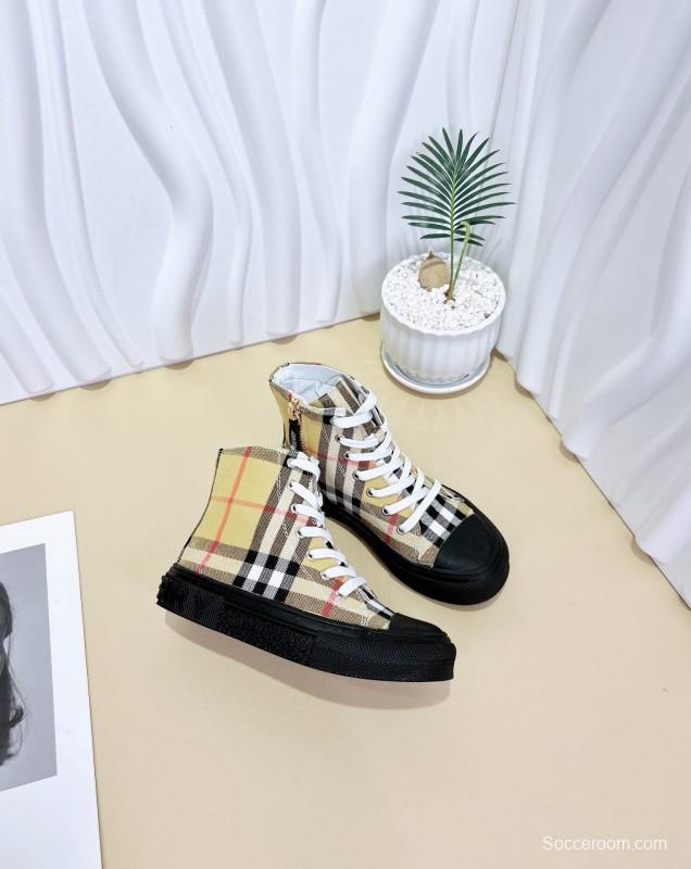 2024 Kids Burberry Beige Black White Canvas Leather High-top Sneakers