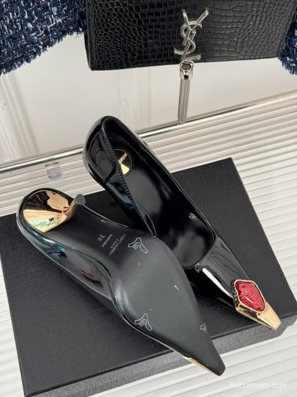 2024 Women Yves Saint Laurent Black Patent Leather High Heel Gemstone MJ00330