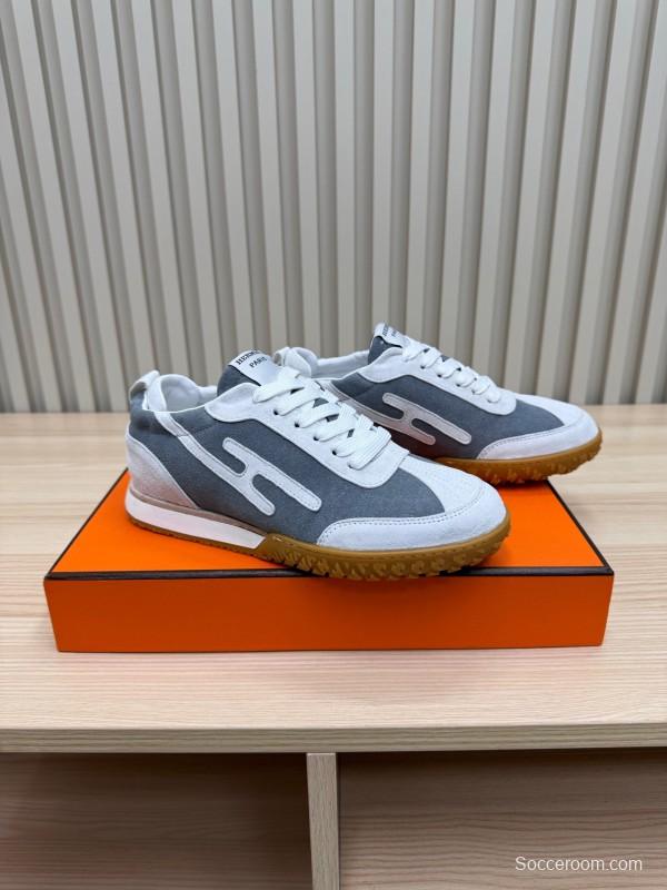 2025 Unisex Hermès White Grey Suede Canvas Sneakers KFY00300