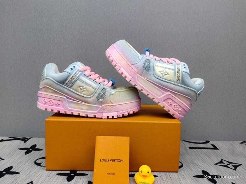 2025 Unisex Louis Vuitton Pink Grey Denim Sneakers KFY00510