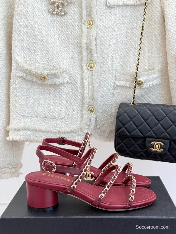 2025 Women Chanel Red Leather Chain Strap Sandals KFY00270