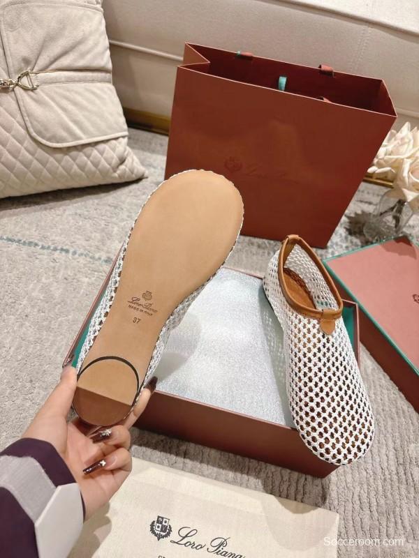 2025 Women LP White Brown Leather Mesh Ballet Flats