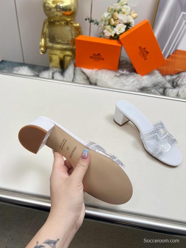 2025 Slippers Hermès White Leather Crystal MJ00180