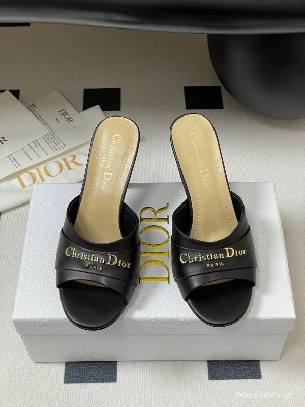 2025 Women Dior Black Leather High Heel Mules