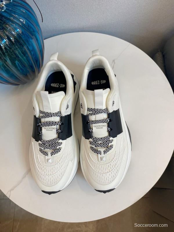 2024 Unisex Valentino White Black Leather Mesh Sneakers 