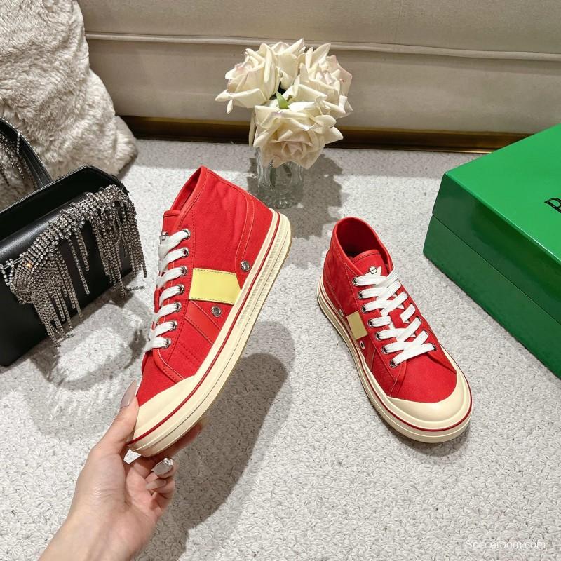 2025 Unisex Bottega Veneta Red Canvas Leather Sneakers Hand Painted LY00