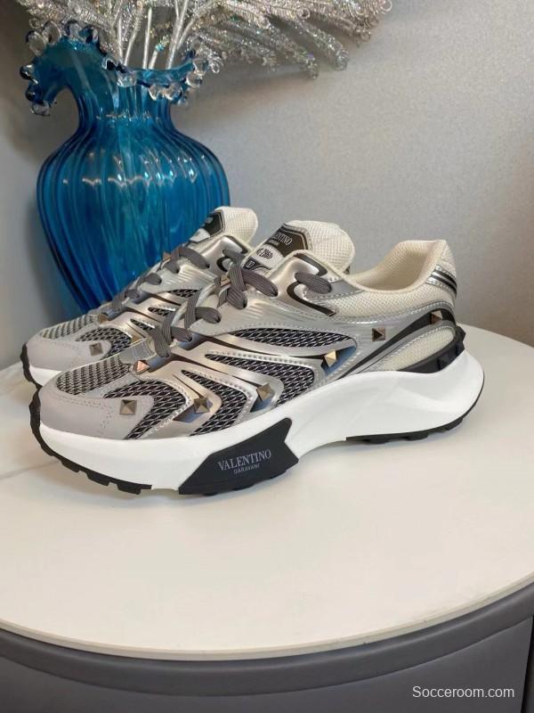 2024 Unisex Valentino White Black Grey Mesh Leather Sneakers MJ00410