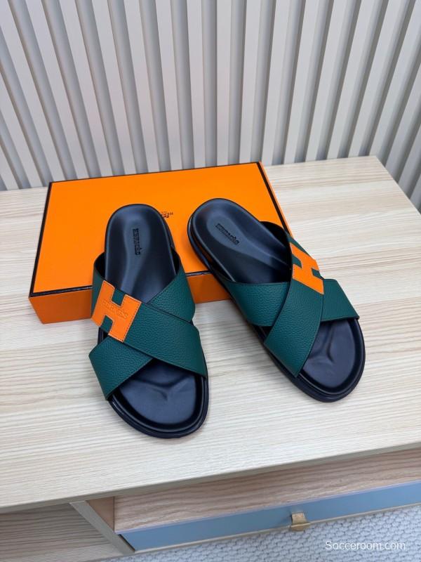 2025 Slippers Hermès Green Orange Leather