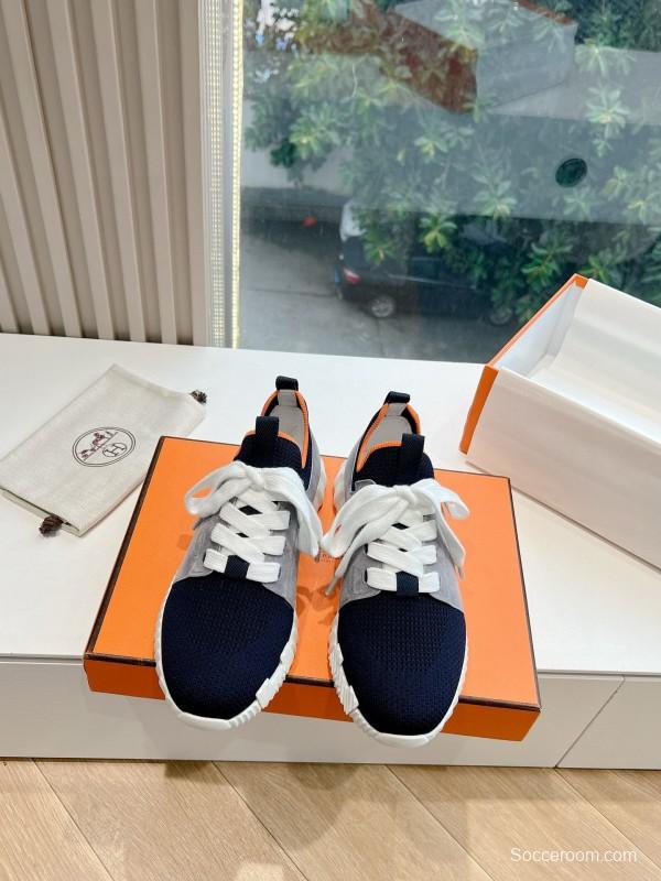 2024 Unisex Hermès blue grey orange knit leather sneakers