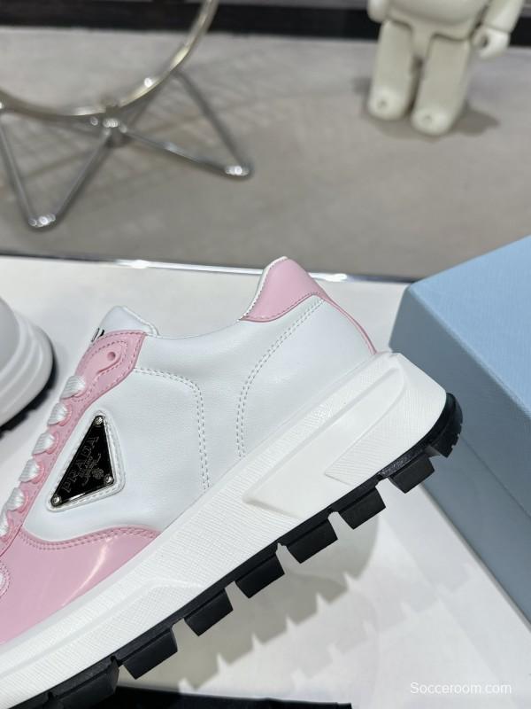 2025 Women Prada White Pink Leather Sneakers