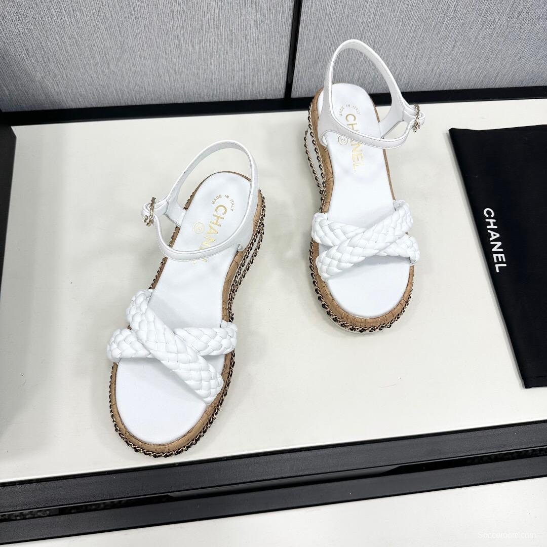 2025 Women Chanel White Leather Wedge Sandals