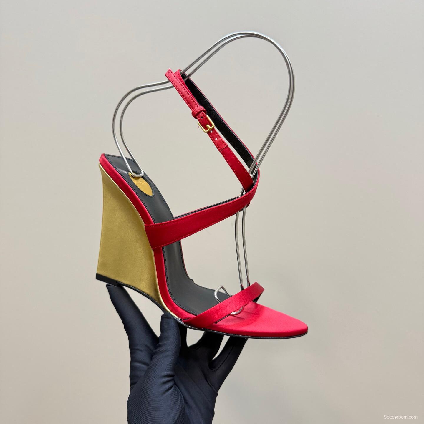 2025 Women Yves Saint Laurent Red Silk Wedge Sandals Elegant Craftsmanship LY00360(F)