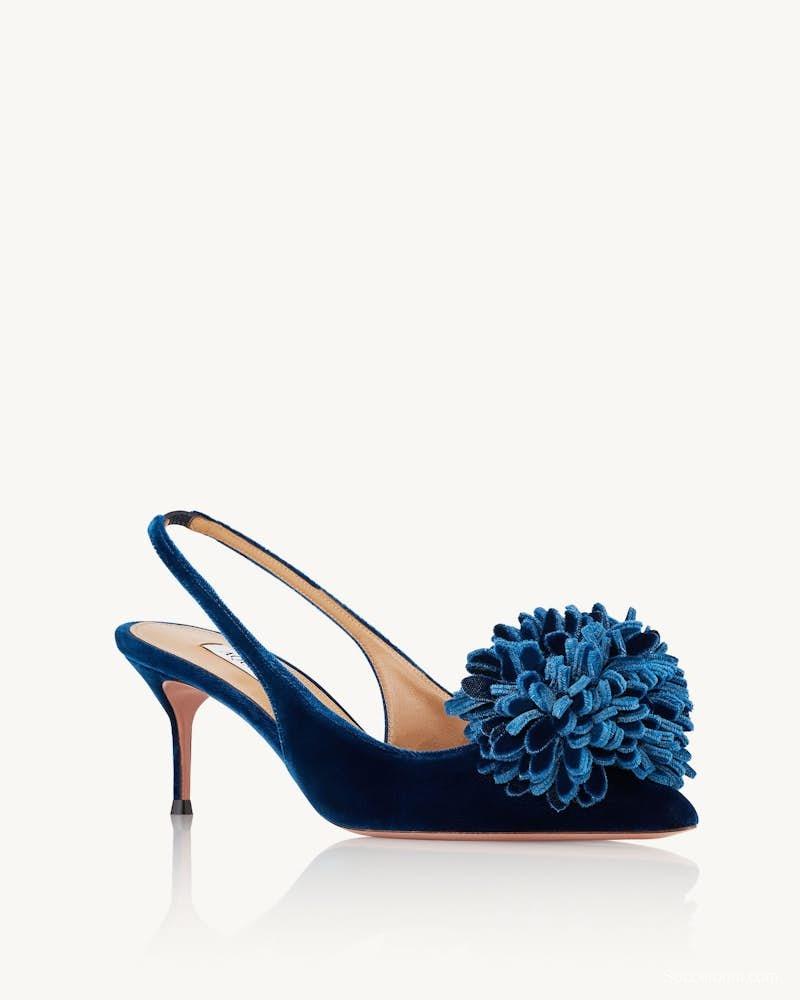 2025 Women Aquazzura Deep Blue Velvet Slingback Pom Pom Pumps KFY00320