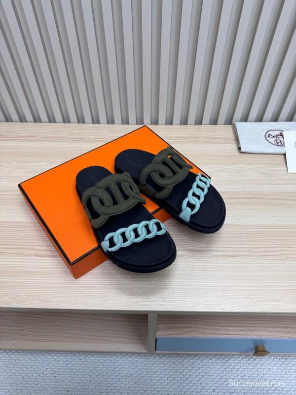 2025 Women Hermès Black Light Blue Leather Slippers
