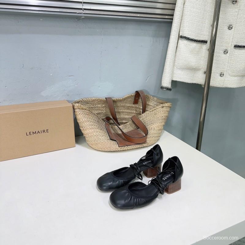 2025 Women LEMAIRE Black Leather Mary Jane Lace-up Shoes