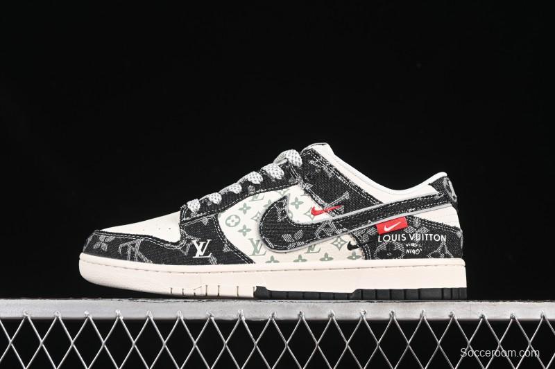 Nike SB Dunk Low LV Collaboration Black Denim Black Swoosh Anniversary High-End Custom Low-Top Casual Skate Shoes - YX5066-351