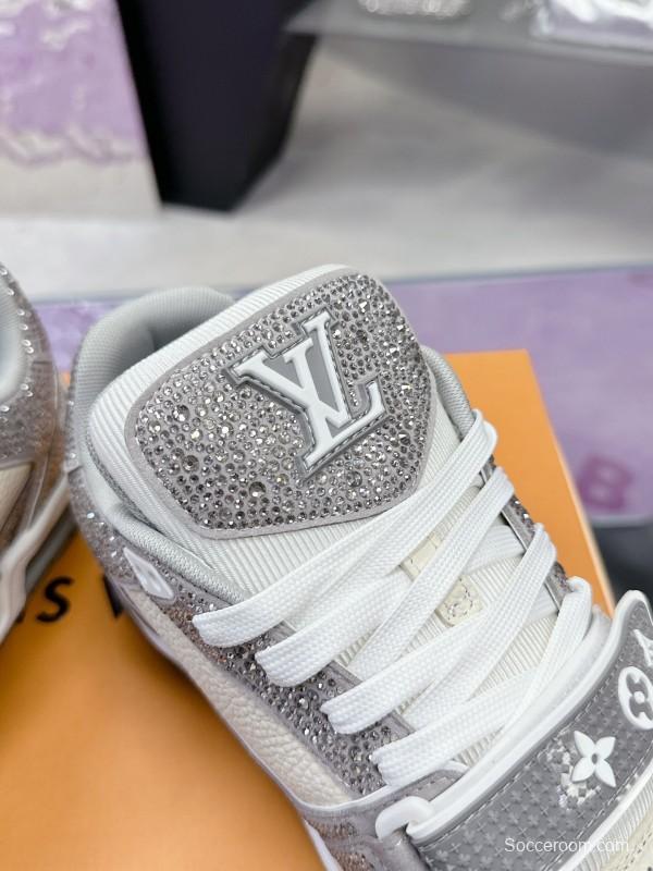 2025 Unisex Louis Vuitton Silver Grey White Leather Fabric Plimsolls Hand-Crafted Crystal AS00400