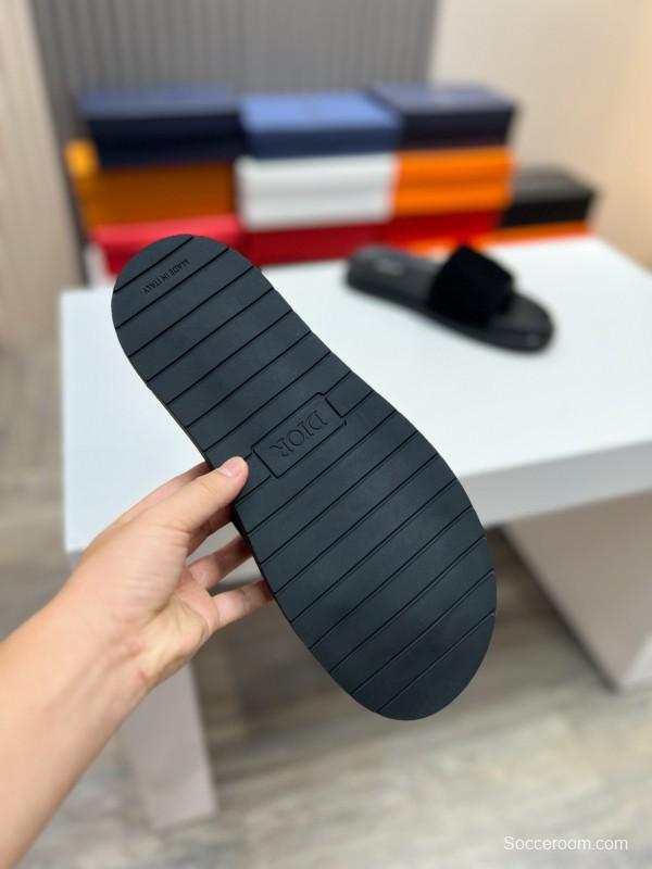2025 Men Dior Black Leather Slippers CD Diamond Top Version AS00190