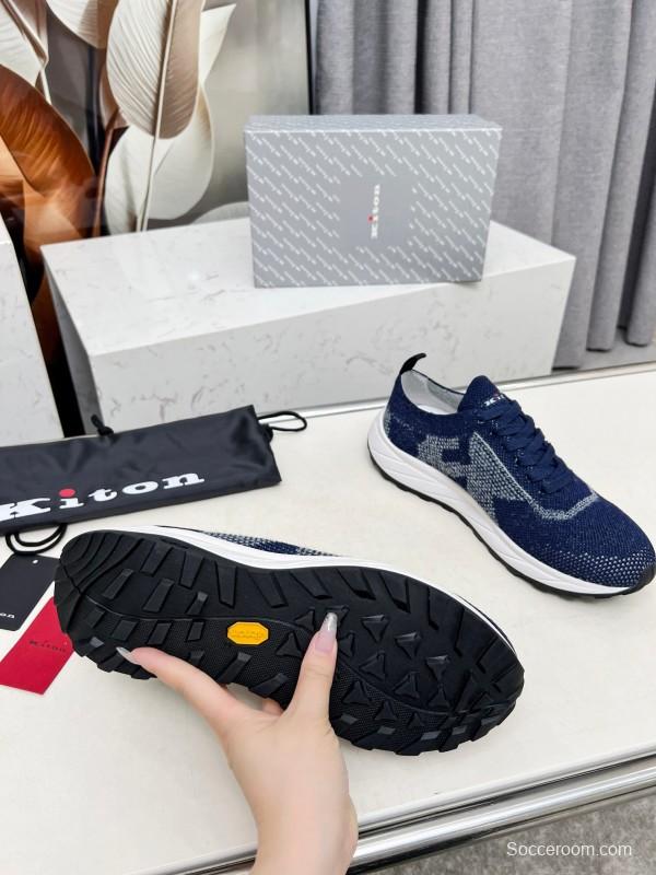 2025 Unisex Kiton Blue White Knit Sneakers AS00320