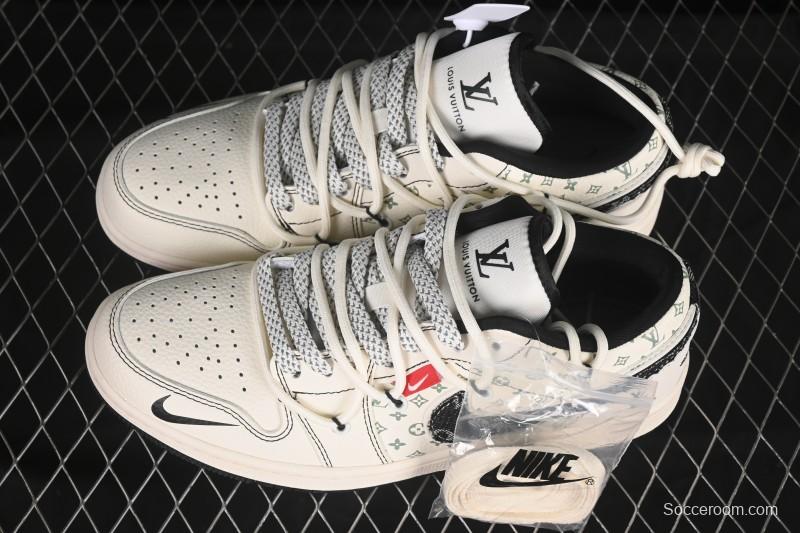 Nike Air Jordan 1 Low AJ1 Black Fabric Swoosh Drawstring High-End Custom Low-Top Retro Basketball Shoes - YX5066-356