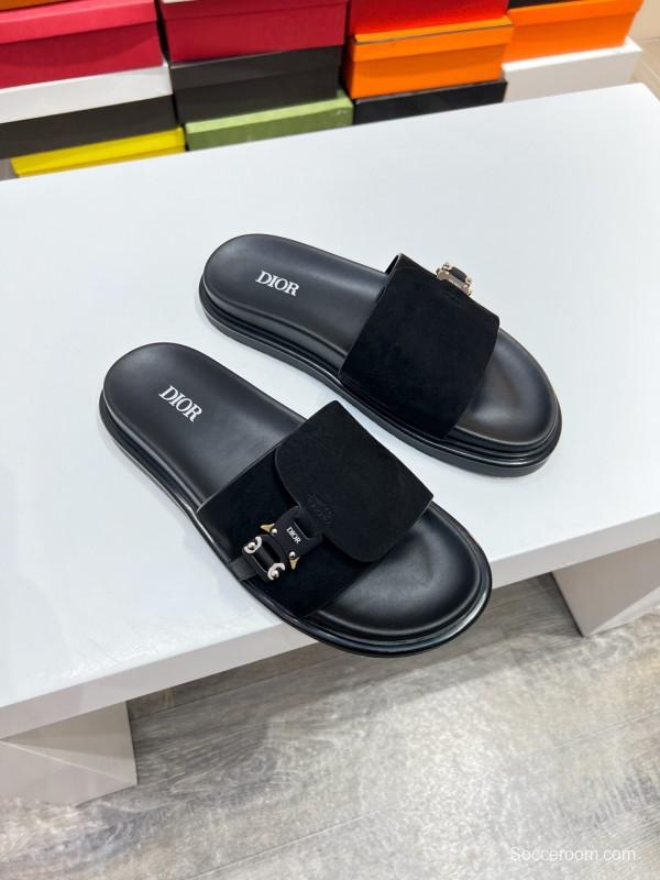 2025 Men Dior Black Leather Slippers CD Diamond Top Version AS00190