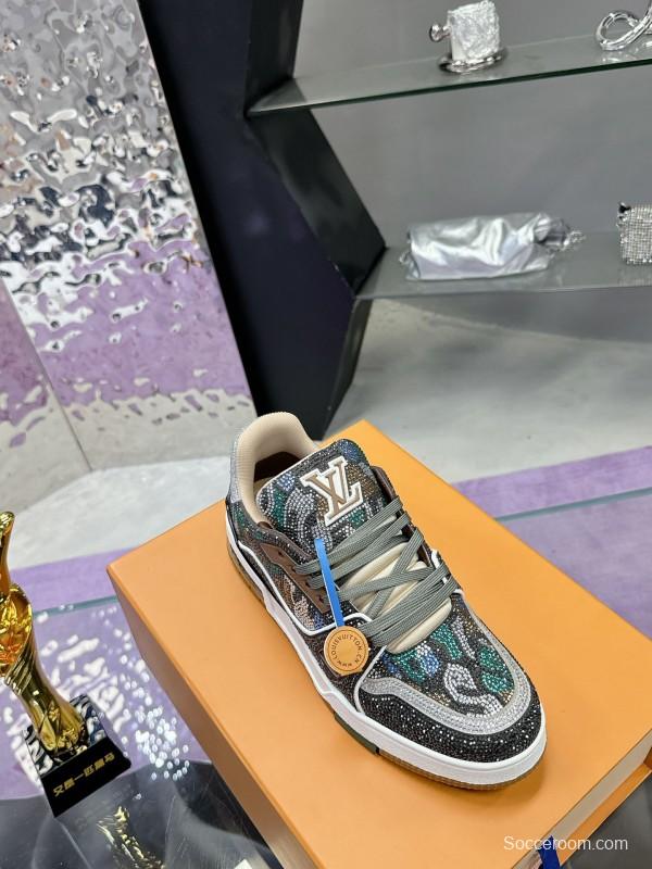 2025 Unisex Louis Vuitton Blue Grey Black Leather Fabric Sneakers Handcrafted Crystals AS00400