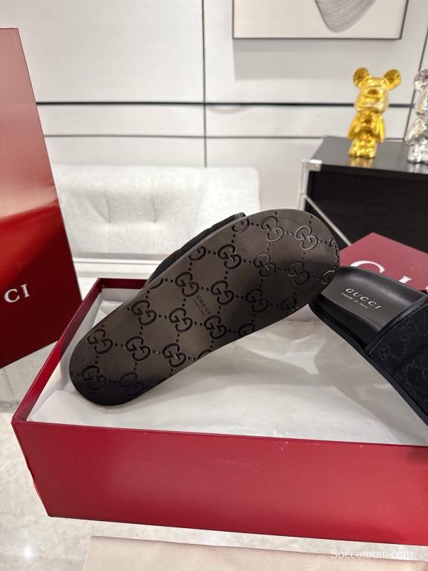2025 Unisex Gucci Black Fabric Slippers GG Embossed AS00240