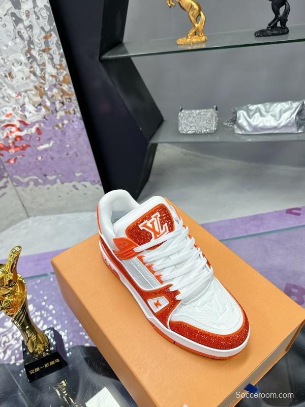 2025 Unisex Louis Vuitton Orange White Leather Plimsolls Handcrafted Rhinestones AS00400