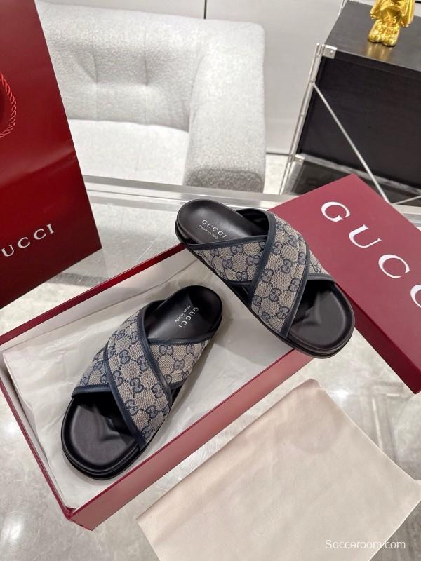 2025 Unisex Gucci Grey Black Canvas Slippers Double G Embossed AS00240