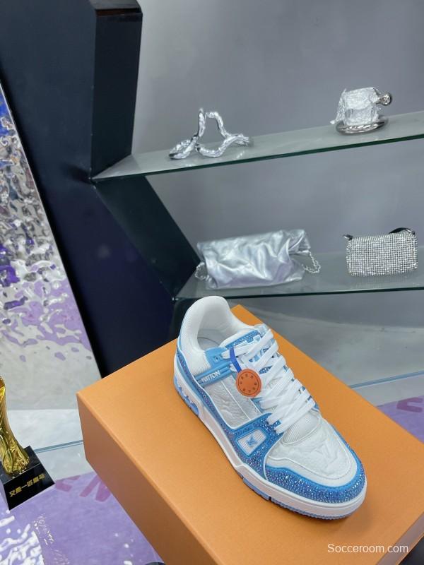 2025 Unisex Louis Vuitton Light Blue White Leather Denim Plimsolls Hand Drilled AS00400