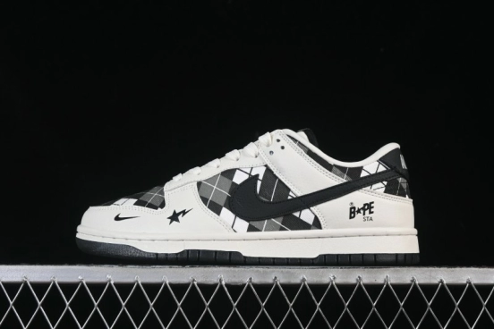 Nike SB Dunk Low BAPE Collaboration White Black Grid Low-Top Casual Skate Shoes - SC0601-463