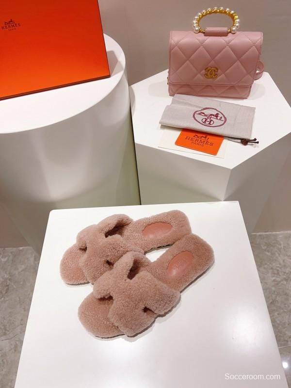 H Teddy Wool H Slippers Flat Sole Winter Edition - LY00240