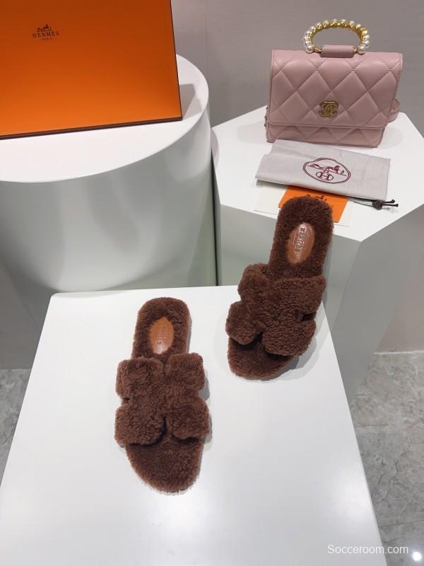 H Teddy Wool H Slippers Flat Sole Fur Slippers - LY00240