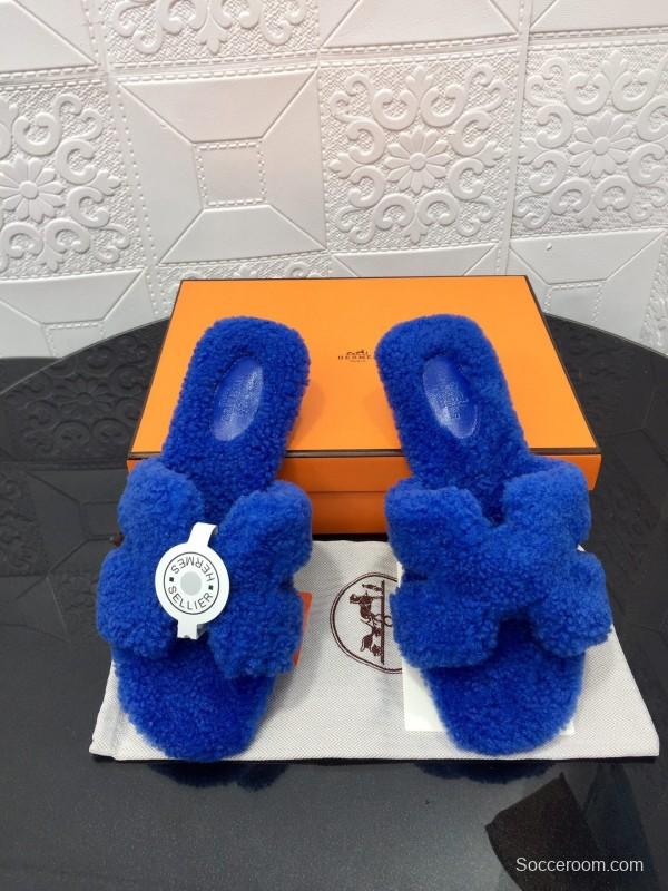 H Hermes Teddy Wool H Slippers Flat Sole Fur Slides - LY00240