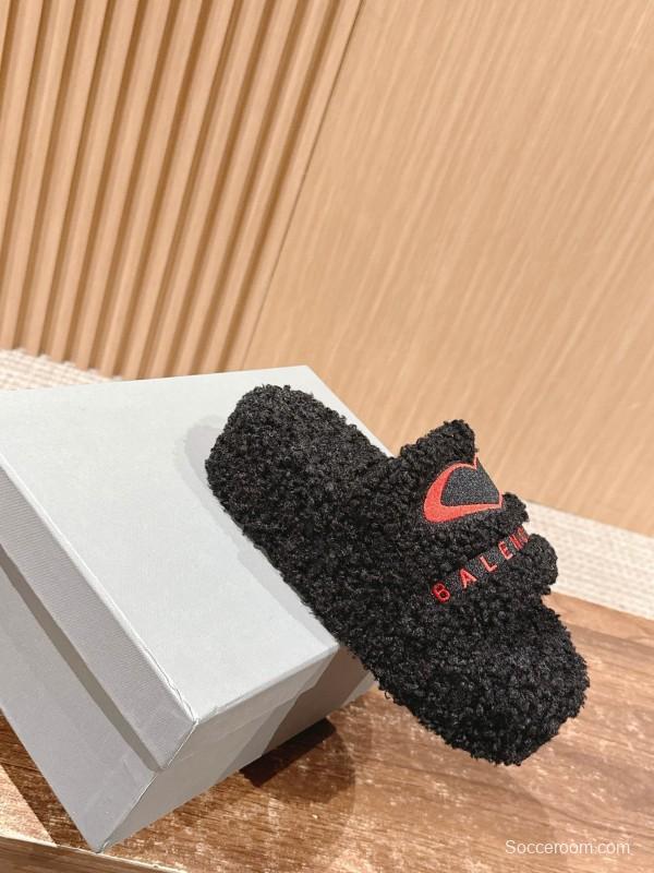 Balenciaga 2025 SS Qixi Limited Series Letter Embroidery Platform Shearling Slippers - AS00200