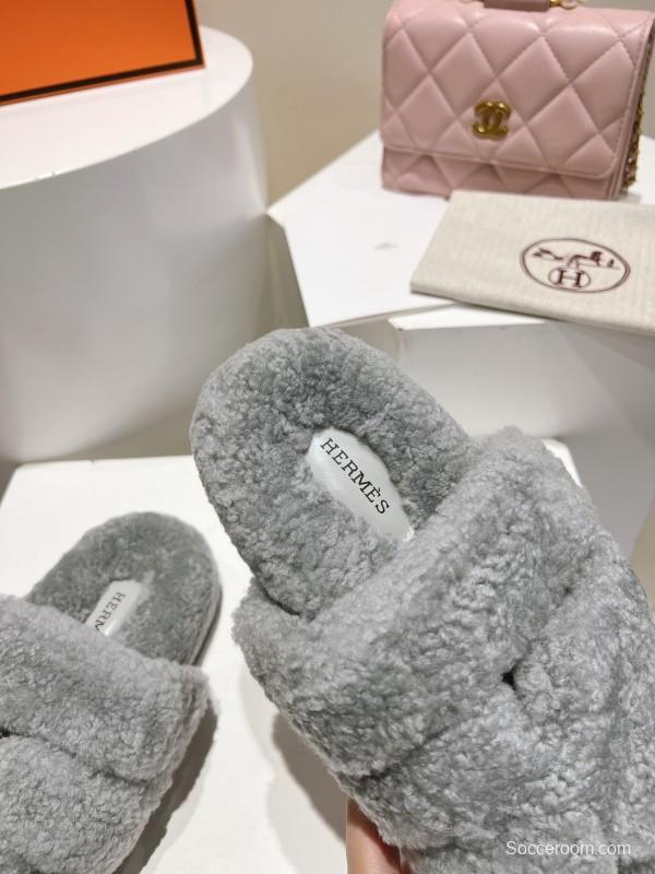 H Love Erjiu Full Wool Slippers with Wavy Fur Design - LY00270